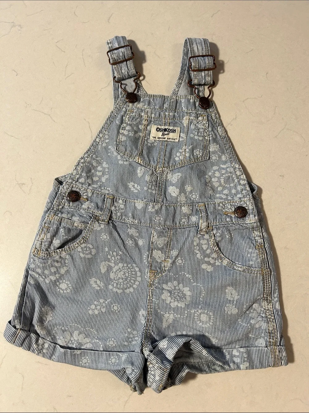 OshKosh B'gosh Gray Tee with Yellow Logo + Blue Plaid & Floral Overalls Set